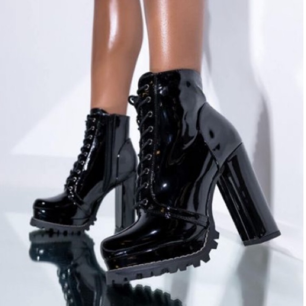 Platform Lace Faux Patent Leather Bootie Heel